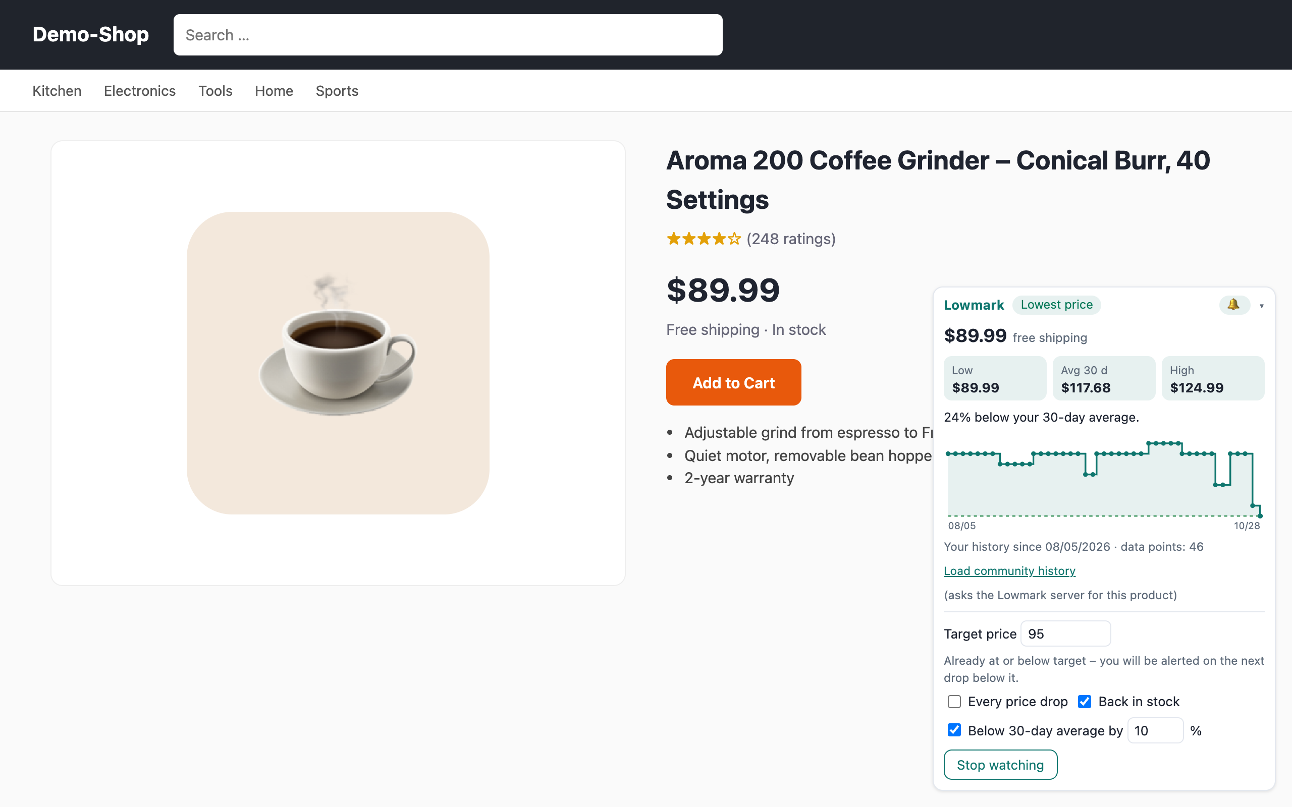 Price history on the product page