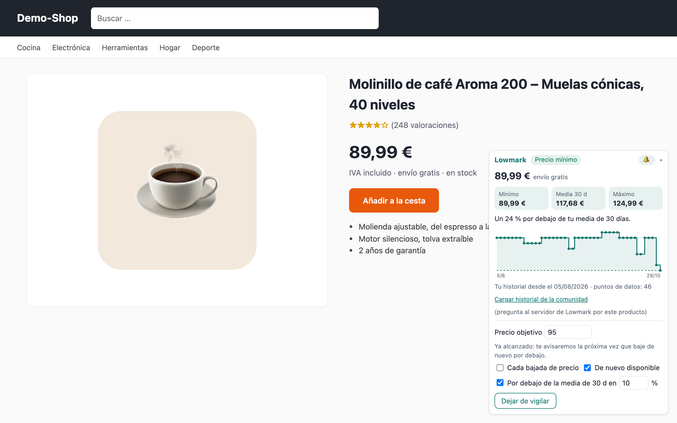 Historial de precios en la página del producto